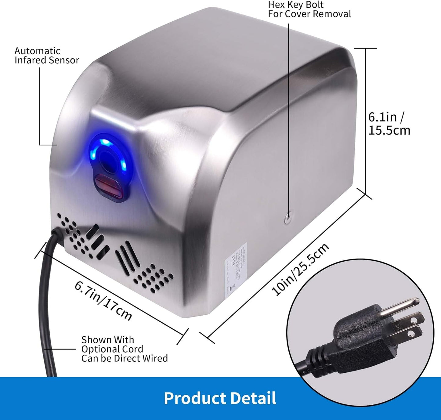 Goetland Stainless Steel Commercial Hand Dryer 1800w Automatic High Speed Heavy Duty Dull Polished