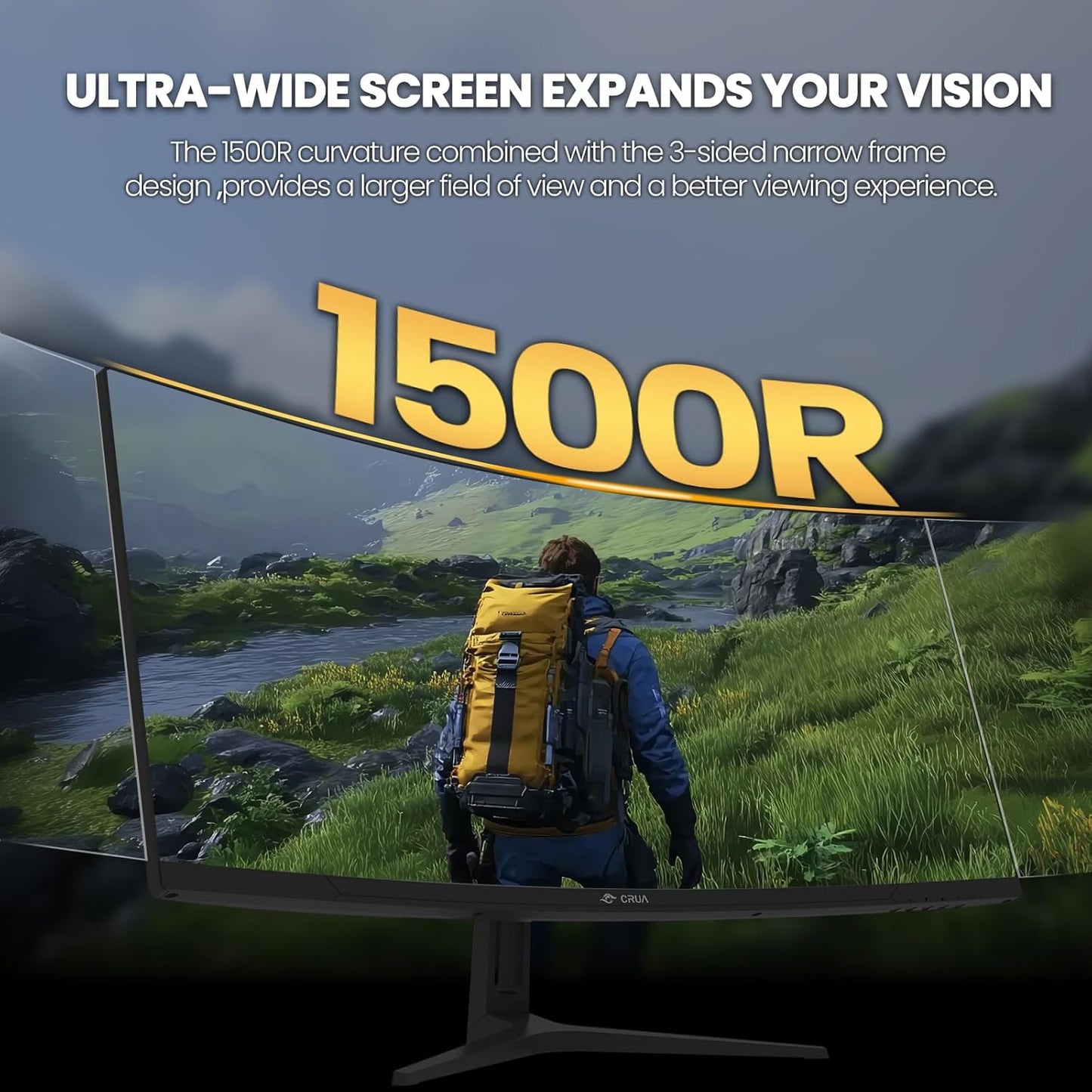 CRUA 34 Inch Gaming Monitor 144Hz, WQHD 3440X1440P Ultrawide Curved Monitor, 21:9 1500R 120% sRGB Computer Display Support Freesync, PIP/PBP, HDMI 2.0 & DP 1.4, Wall Mountable/Tilt Adjustable-Black