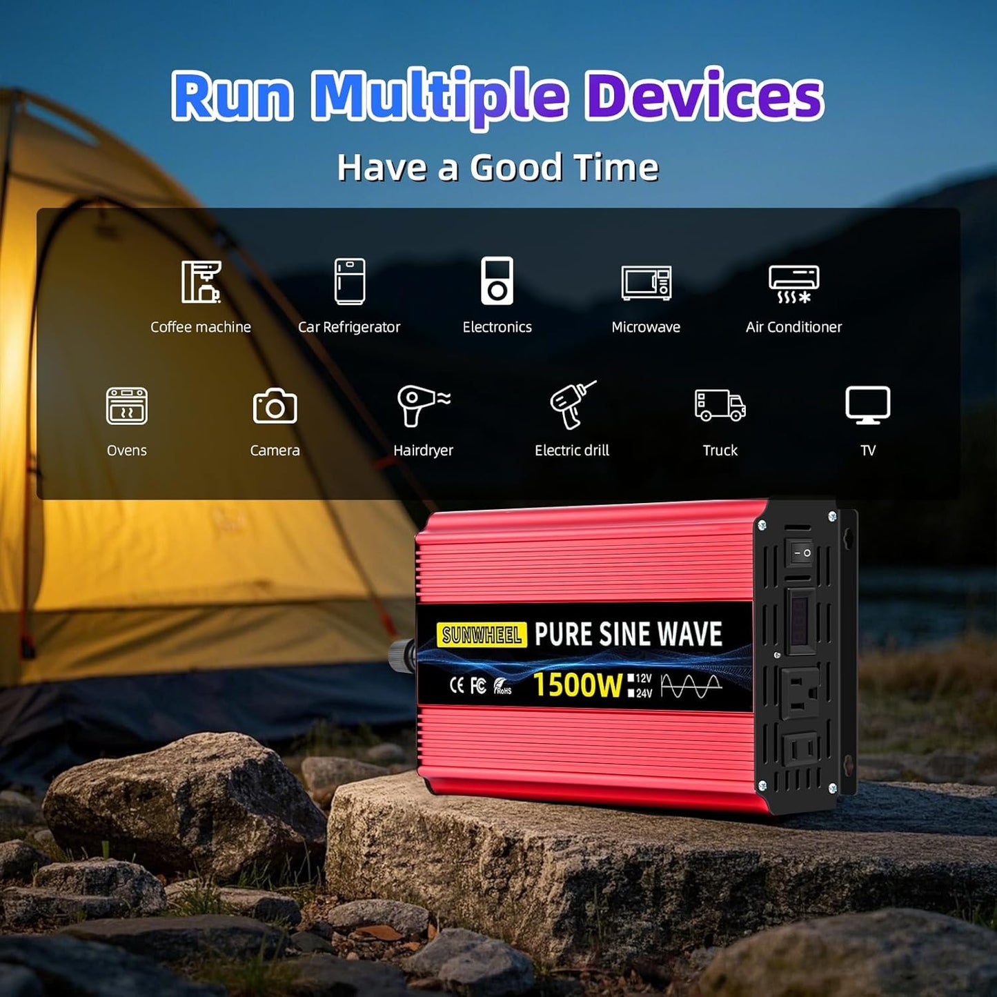 SUNWHEEL 4000W Pure Sine Wave Inverter, 12V DC to 110V/120V AC Power Inverter for RV、Microwave、Off Grid、Truck、Refrigerator、Air Conditioner with 4 AC outlets and LCD Display