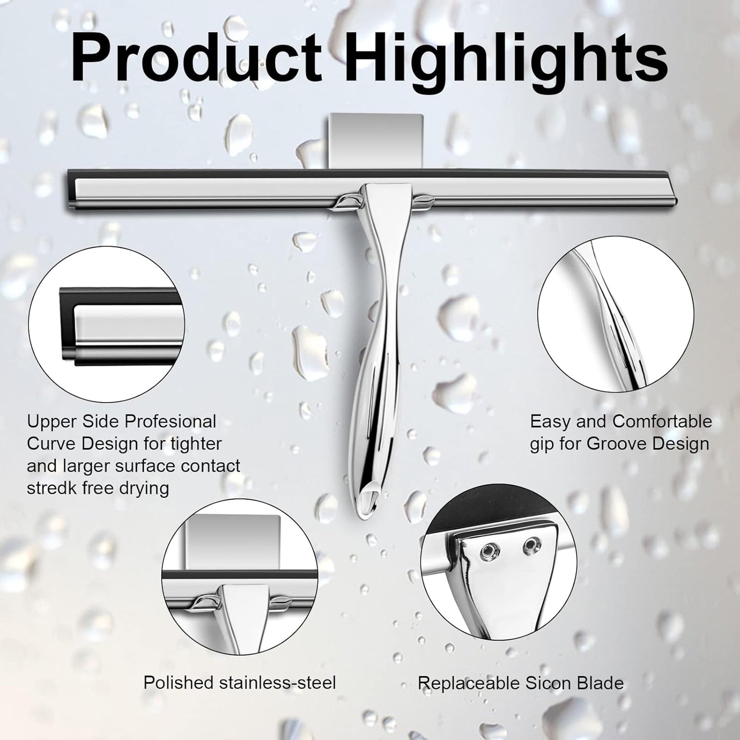 14 Inch Shower Squeegee Stainless Steel with Shower Door Hook and Adhesive Hook Glass Squeegee Bathroom for Doors, Bathroom, Windows, Kitchen, Mirror with Spare Silicone Blade 2 Hooks