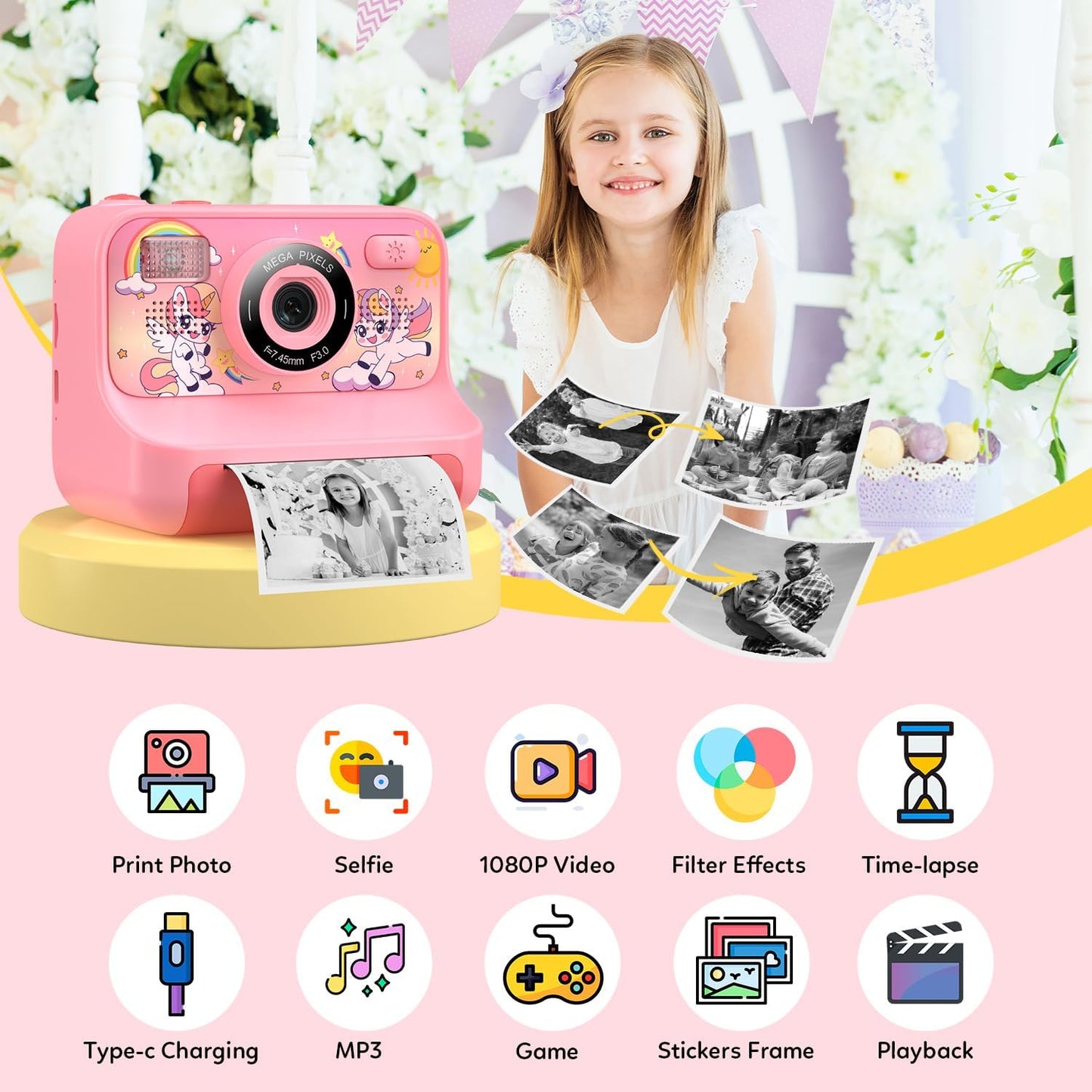 Instant Print Camera for Kids Age 3-12 Girls Boys 1080P Selfie HD Digital Video Cameras with 6 Print Paper & 32G Card Toddler Portable Travel Toys Camera for Christmas Birthday Gifts