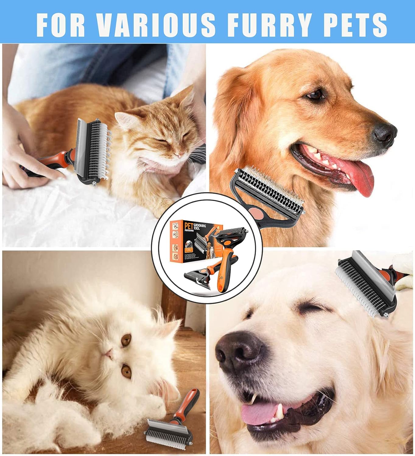 Spring Blossoms-2 in 1 Professional Grooming Rake for Cats & Dogs-Dematting Comb for Easy Mats & Tangles Removing,Pet Brush Safe No More Nasty Shedding and Flying Hair (Orange) - PuriLite