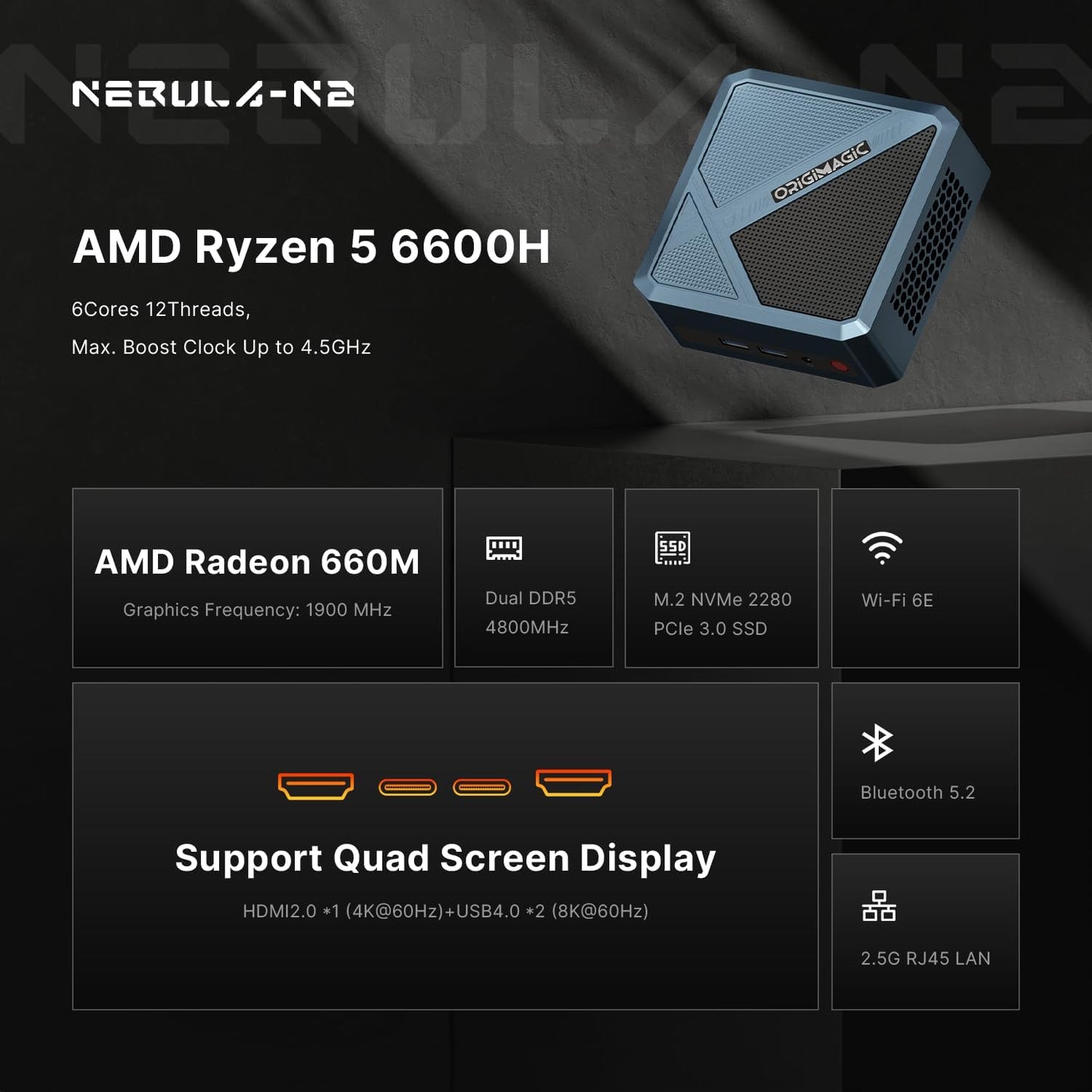 origimagic N2 Pro Mini PC, Ryzen 7 6800H Mini Computers (8C/16T, up to 4.7GHz), 32GB DDR5 RAM, 512GB PCle 4.0 NVME SSD, Radeon 680M, 8K UHD/USB4/USB3.2/USB2.0/WiFi 6E/BT 5.2