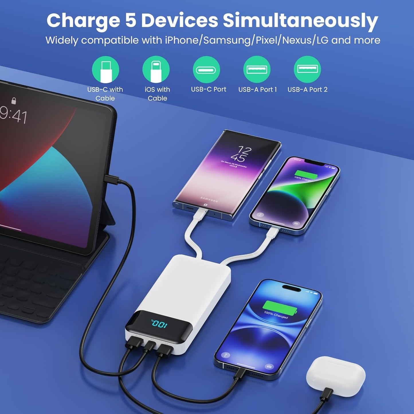 Power Bank 40800mAh Portable Charger with 3 Built-in Cable,25W PD USB C in&Out Power Bank Fast Phone Charging,QC4.0 LED Display Portable Battery Pack Compatible with iPhone 16/15,Samsung Android-Black