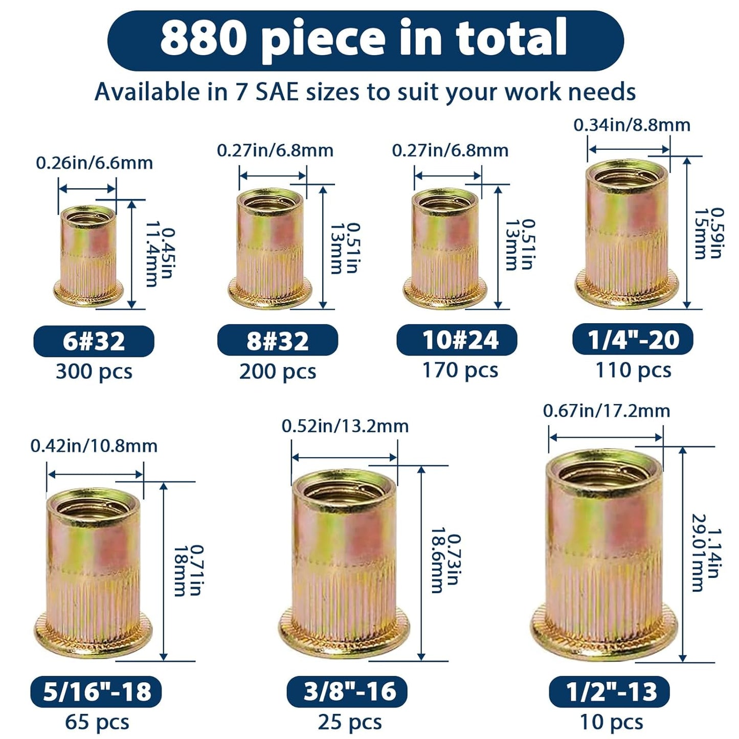 Vifmy Metric & SAE Rivet Nut Assortment Kit(420 Pcs),m3 m4 m5 m6 m8 m10 m12#6-32#8-32#10-24 1/4"-20 5/16"-18 3/8"-16 UNC Flat Head Rivnut Set,Zinc Plated Finish Carbon Steel Nutsert