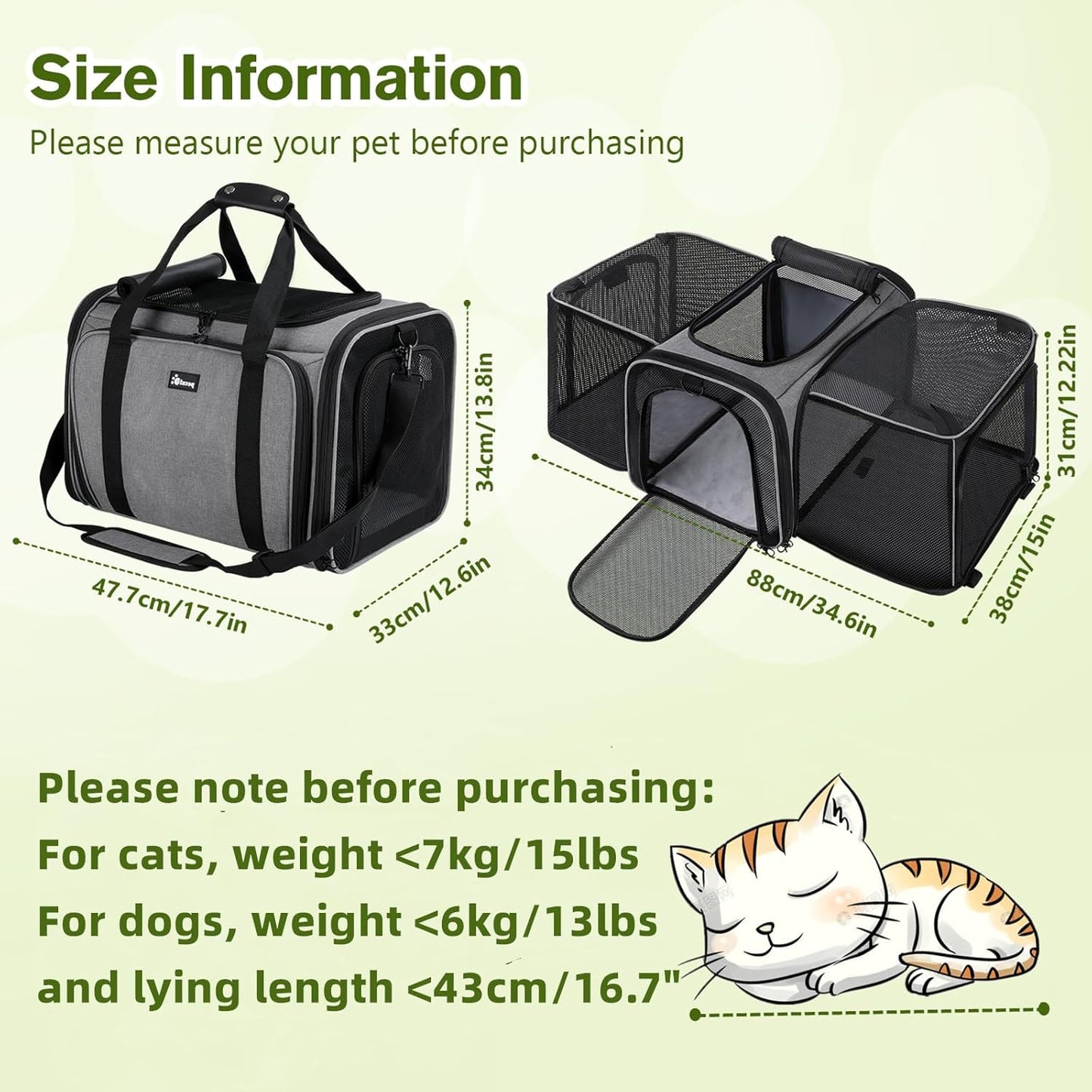 Pecute Cat Carrier Expandable 47x34x33cm, Dog Carrier Foldable, Pet Carrier with Breathable Mesh for Small to Medium Cats and Dogs, Used for Traveling, Camping, Going to The Vet Gray