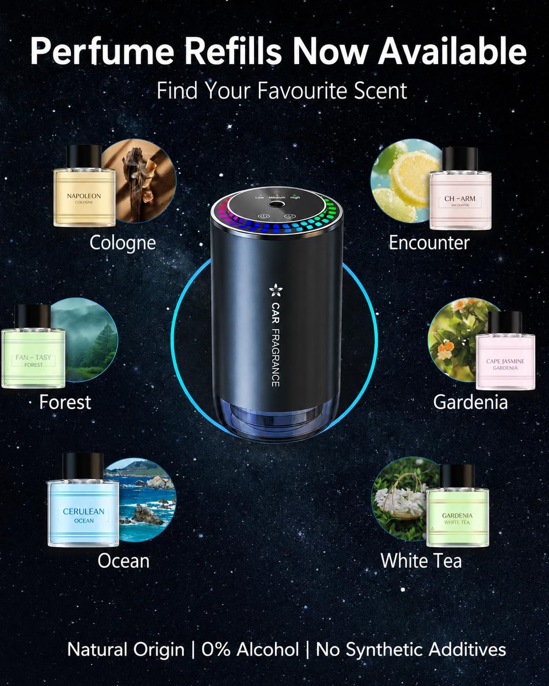2026 Car Fragrance Aroma Diffuser with 50ml Perfume, Smart Wireless Car Air Fresheners, Aluminum Alloy, Music-Sync RGB Light, 3 Modes, Auto On/Off, Long Battery Life, 5-Month Scent, BJ579 (Ocean)