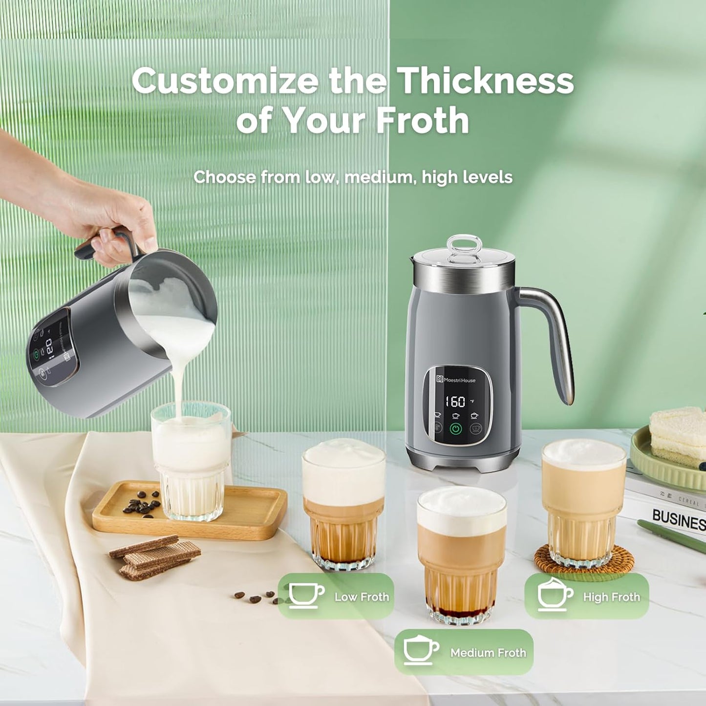 Maestri House Milk Frother, Variable Temp and Froth Thickness Milk Frother and Steamer, 14.1OZ/400ML Smart Touch Control Foam Maker, Memory Function for Latte, Warm Milk, Hot Chocolate,DualFro 400