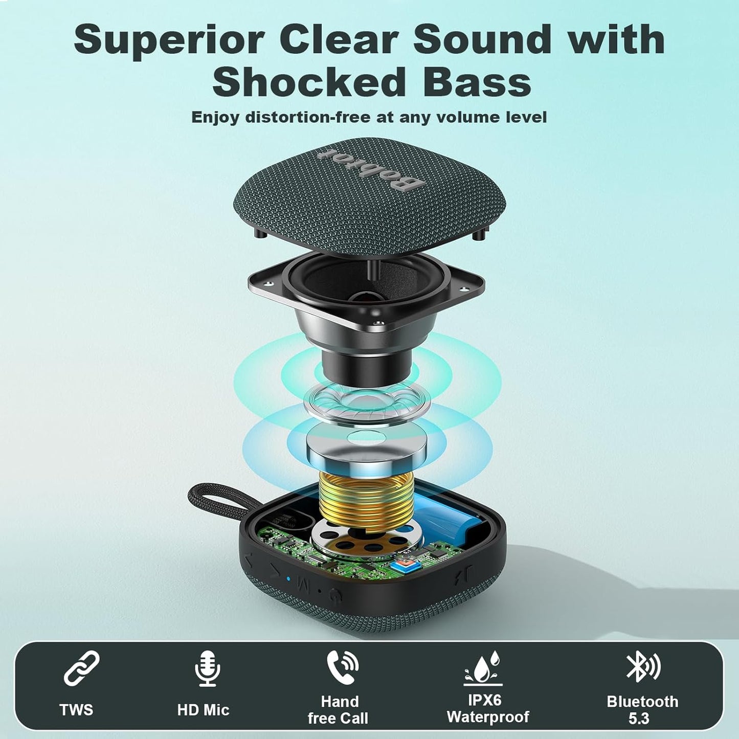 Bobtot Portable Bluetooth Speakers Wireless - IPX7 Waterproof Mini Shower Speaker with 16 Hours Playtime, Loud Stereo Sound, Rich Bass, TWS, Built-in Mic, Small Size for Travel Sport, Green