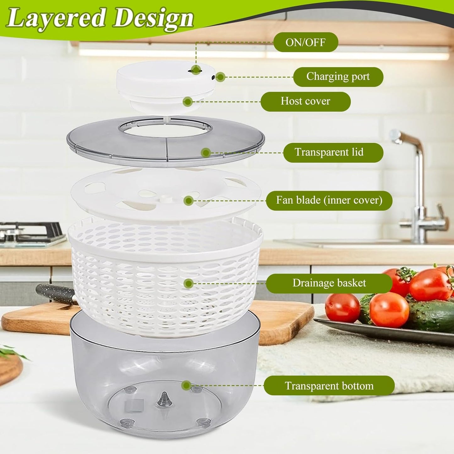 Electric Salad Spinner 6L Automatic Salad Spinner with 350 ml Squeeze Bottle, Quick Dehydrator for Fruit Vegetables,Lettuce Spinner with Lid, Multifunction Large Capacity, USB Rechargeable