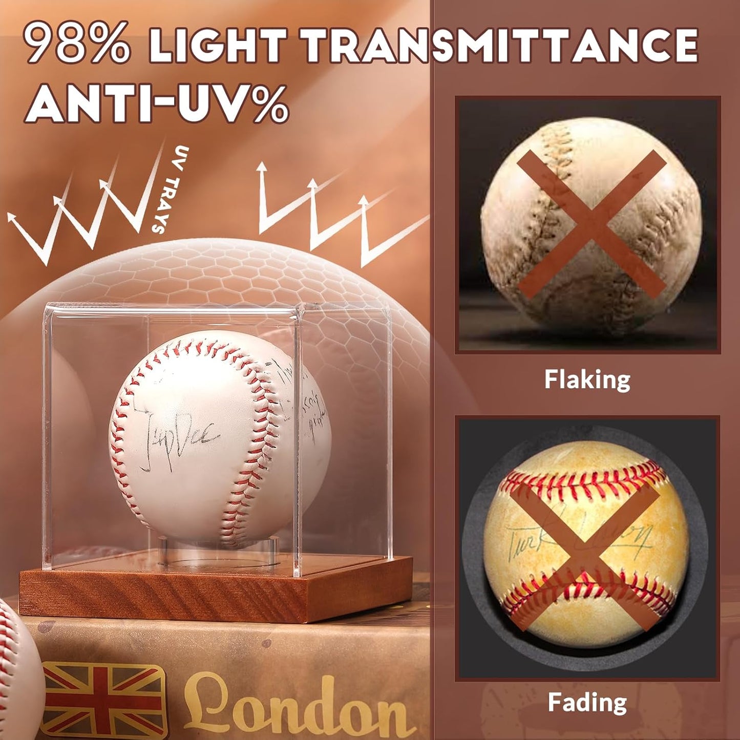JupDec Baseball Display Case, Clear Cube Baseball Holder with Wooden Base, Autograph Baseball Stand Box for Single Ball, Acacia Wood, Brown, 1 Pack
