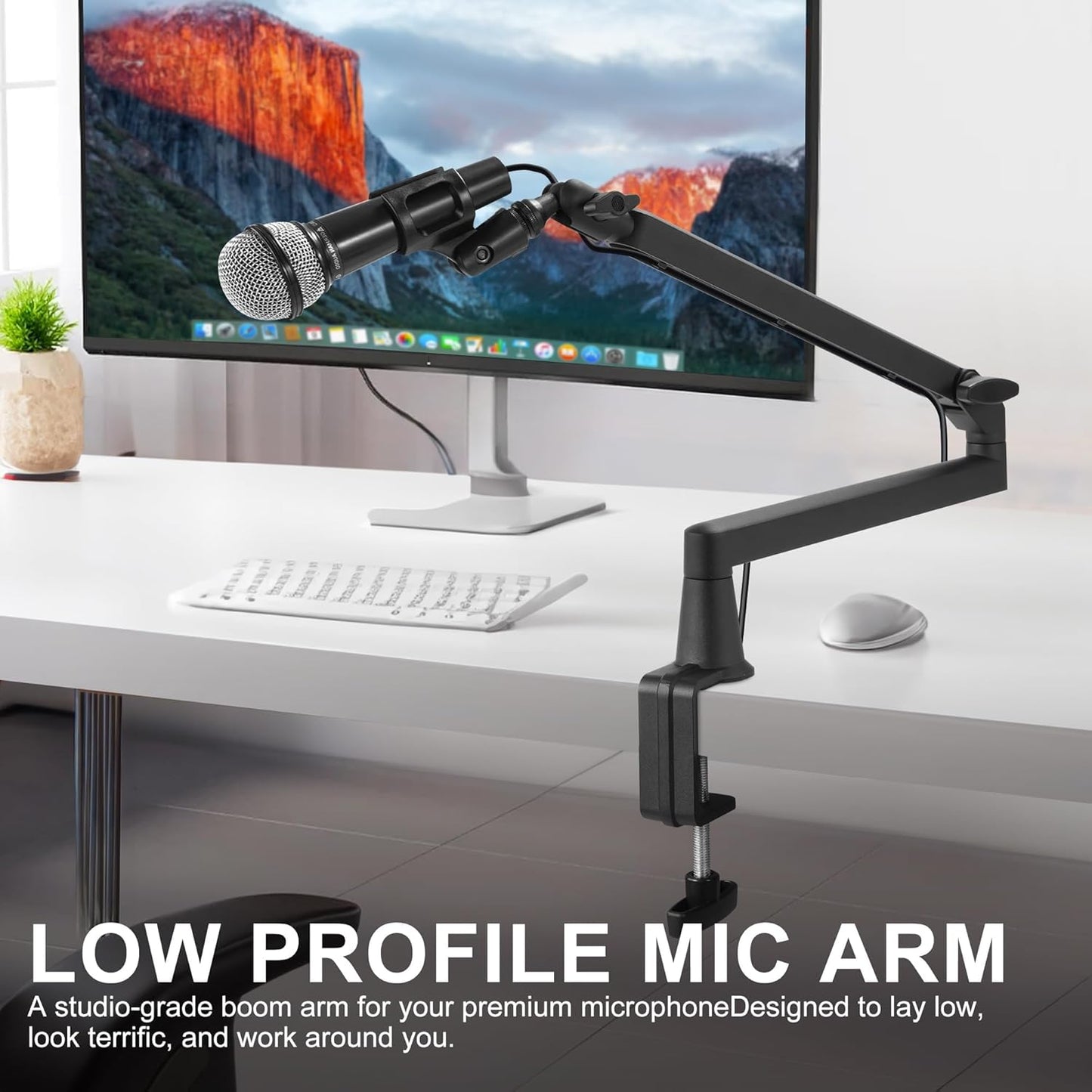 Microphone Boom Arm, Low Profile Mic Arm Professional Adjustable Solid Desk Mount Clamp,Cable Management Microphone Arm Stand for Podcast Streaming Gaming Studio Mic Stand White