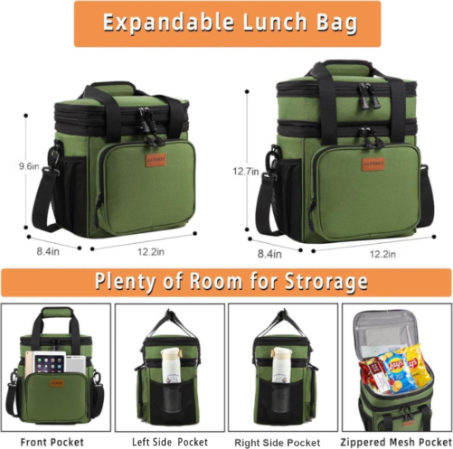 Expandable Large Lunch Bag, Double Deck Insulated Lunch Box Leakproof Durable Soft Cooler Bag for Men Women Adults Work Construction Beach Picnic Daytrip,16L,Black, GLENKEY