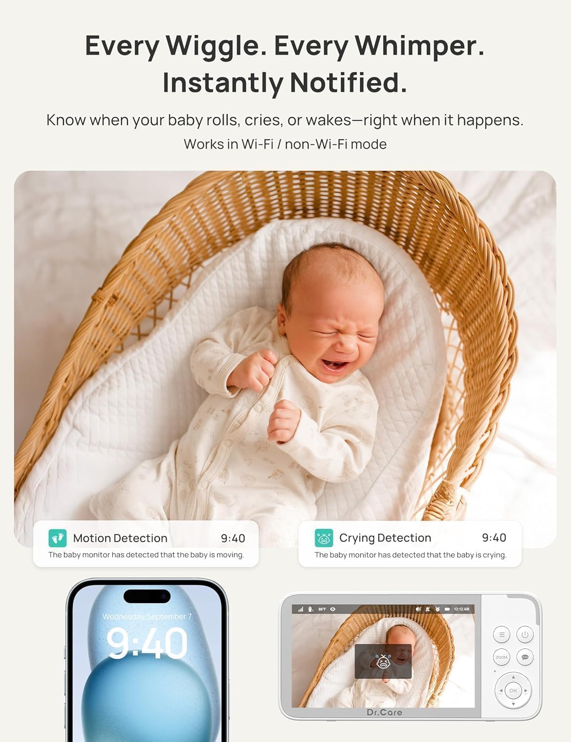 Dr.Care VistaView Smart WiFi Baby Monitor - 5” 1080P Split Screen & 2K Camera App Control, Cry & Motion Alerts, HD Night Vision, 5000mAh Battery, 2-Way Talk, Multi-User, Triple Security, 1279ft Range