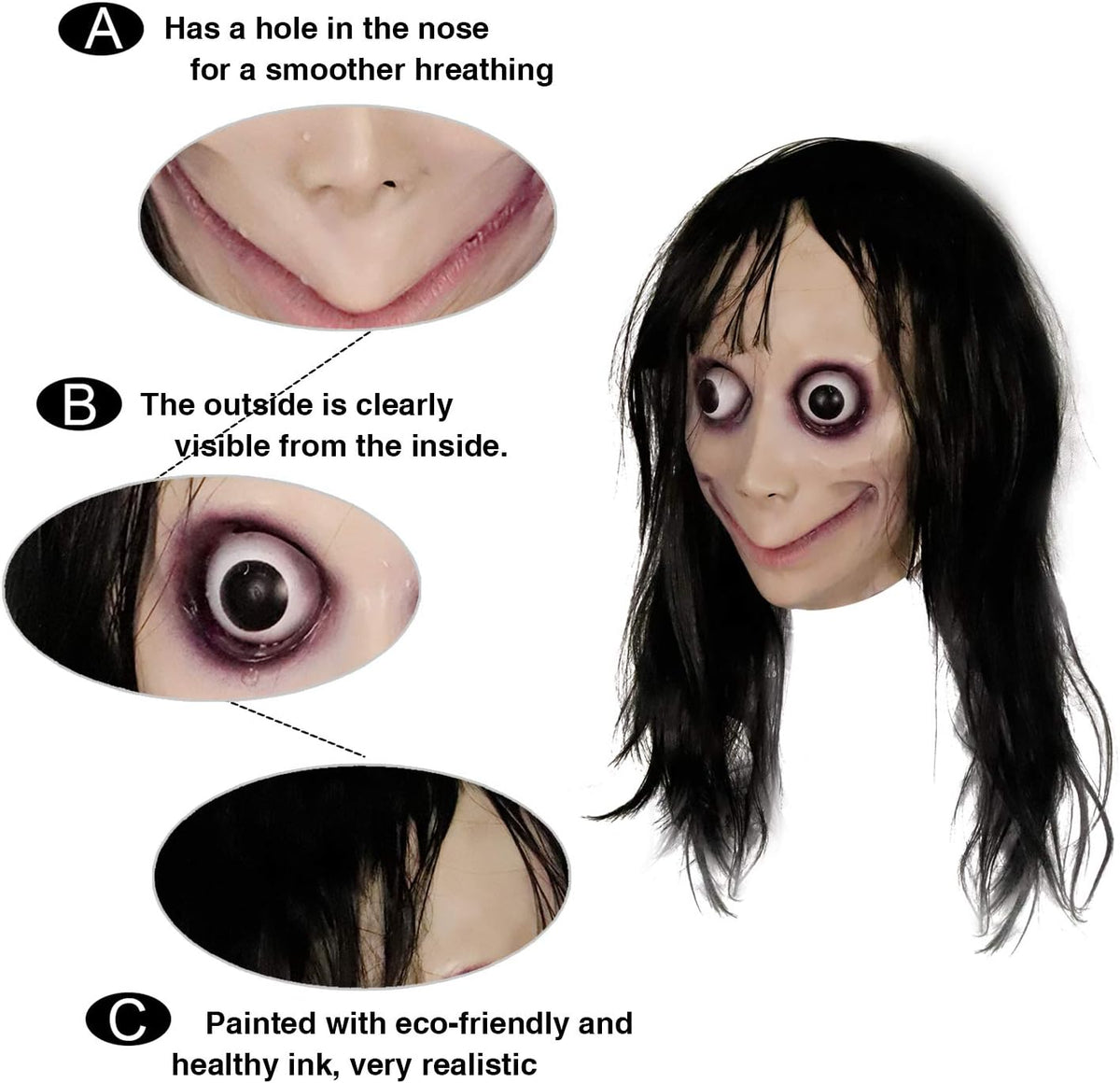 molezu Creepy Mask, Scary Challenge Games Evil Latex Mask with Long Hair, Halloween Costume Party Props