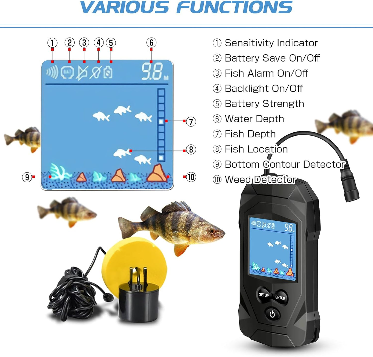 Atibin Portable Water Fish Finder Transducer Wired Handheld Depth Finder Sonar LCD Display Fish Finders Kayak FF068