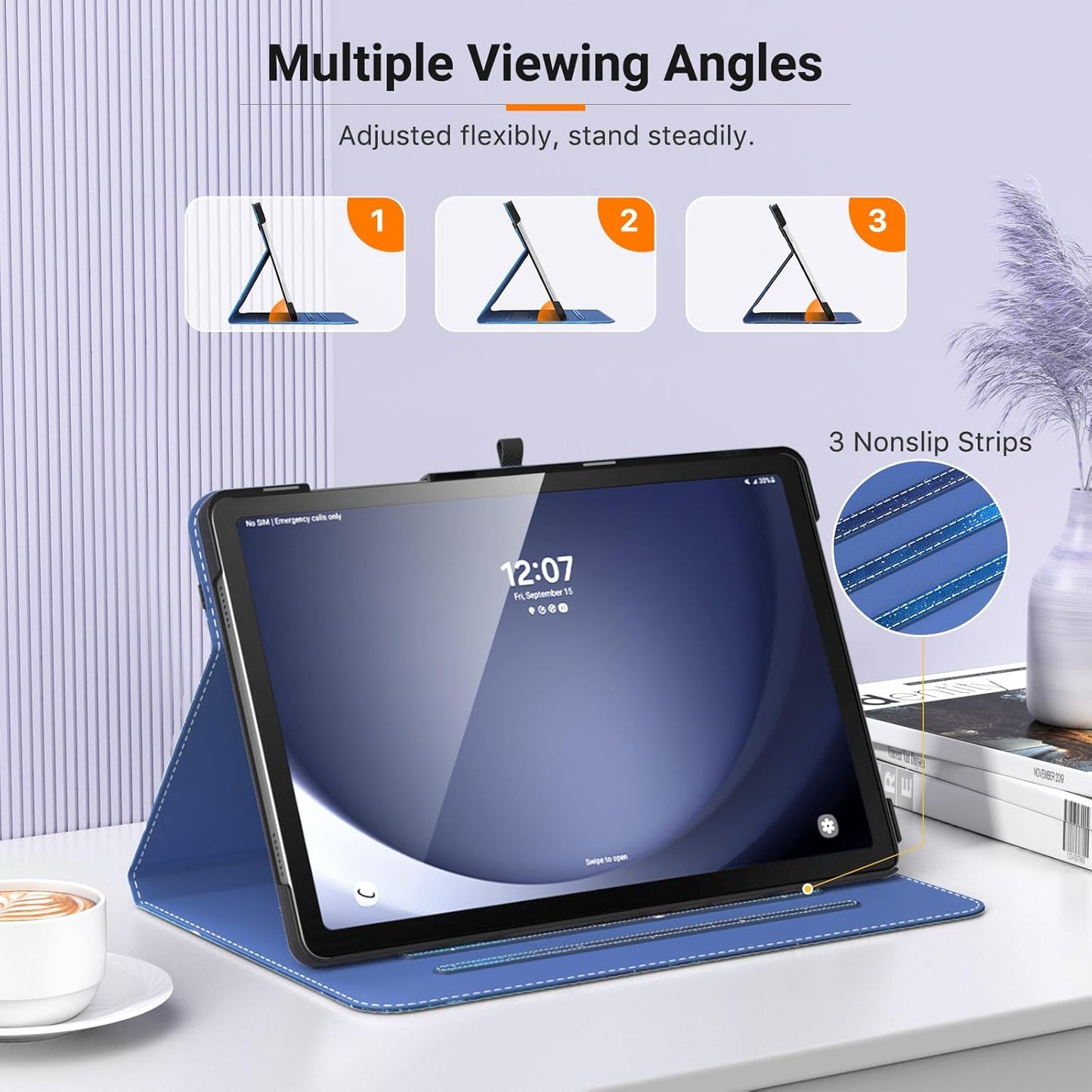 MoKo Case for Samsung Galaxy Tab A9 Plus 11" 2023 (SM-X210/SM-X216/SM-X218), PU Leather Multi-Angle Viewing Folding Stand Cover Case with Hand Strap, Front Pocket, Auto Wake/Sleep, Denim Blue & Brown