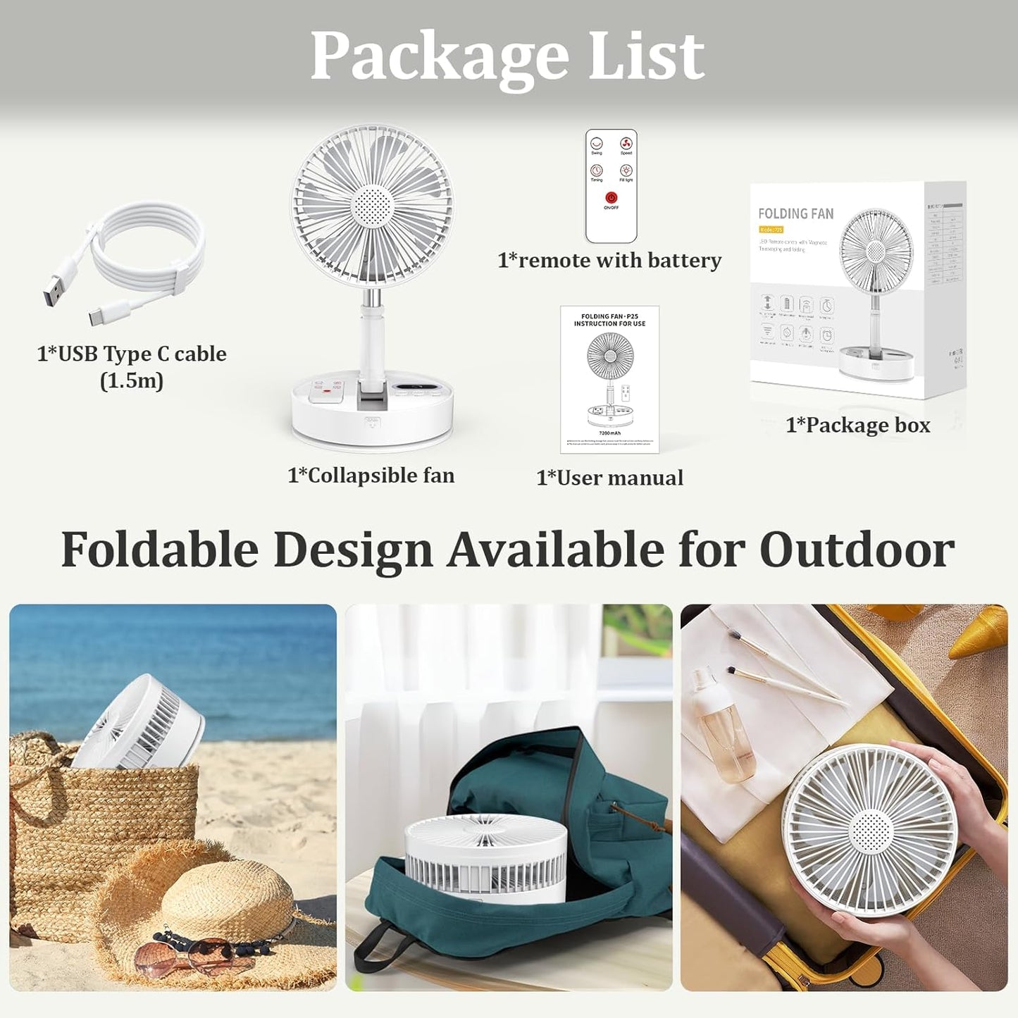 HHT Foldable Portable Standing Fan with Remote, 8" Rechargeable Floor Fan, 120° Quiet Oscillating Fan, 4 Speeds, LED Light, Timer, 7200mAh Battery, Adjustable Height Table Fan for Home Travel
