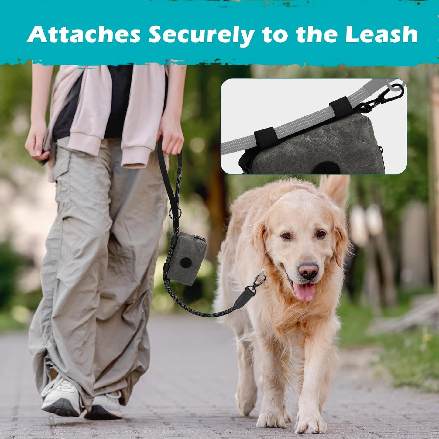 PetBonus Waterproof Dog Poop Bag Holder for leashes, Portable Pet Waste Bag Dispenser, 2 Pouches for Treat Holder and Walking Accessories, Fit All Leashes, Includes 1 Roll of Dog Poop Bags (Green)