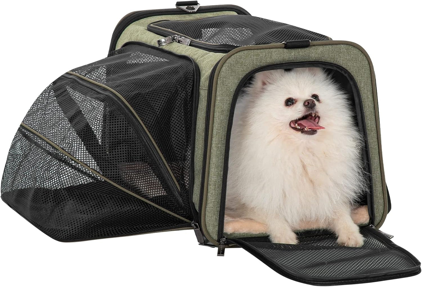 Petsfit Expandable Cat Dog Carrier Airline Approved, 17" L x 11" W x 11" H Soft-Sided Portable Pet Travel Carrier for Kitten, Puppy, Removable Soft Plush Mat and Pockets, Auto-Locking Zippers