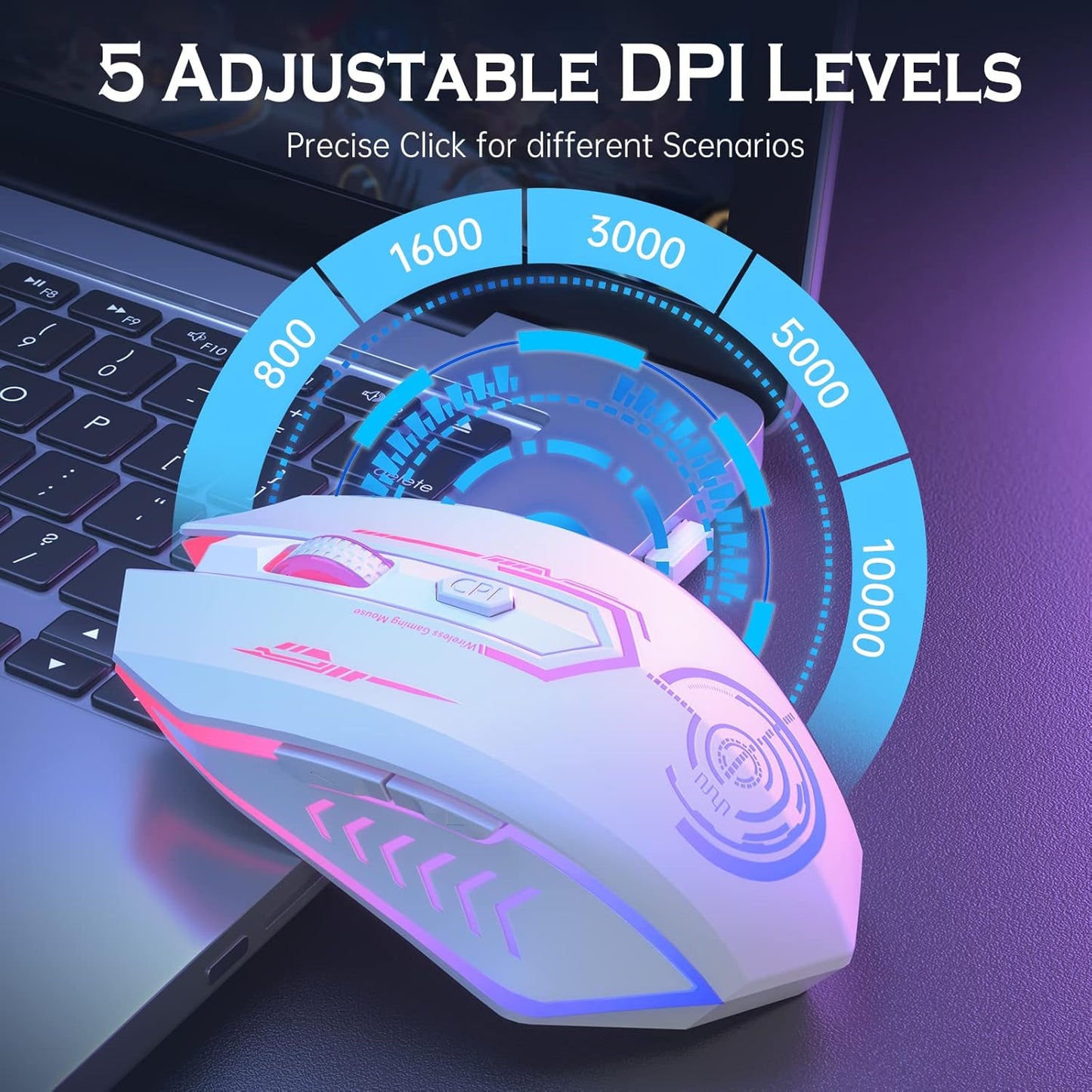Wireless Gaming Mouse Up to 10000 DPI, UHURU Rechargeable USB Wireless Mouse with 6 Buttons 7 Changeable LED Color Ergonomic Programmable MMO RPG for PC Laptop, Compatible with Windows Mac