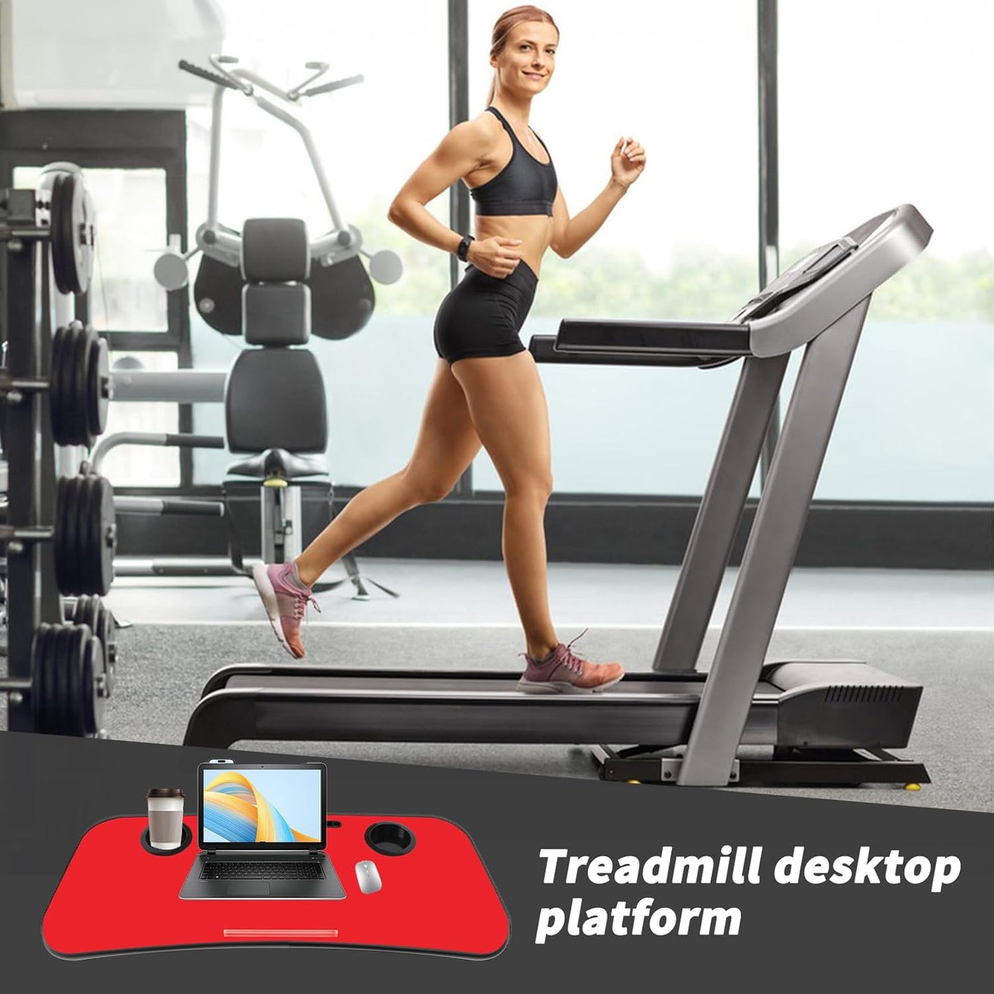 Universal Treadmill Desk Attachment Laptop Holder Ergonomic Platform Tray with Cup Tablet Holder Cooling Holes Provide Good Ventilation, Laptop Stand for Treadmill (Black)