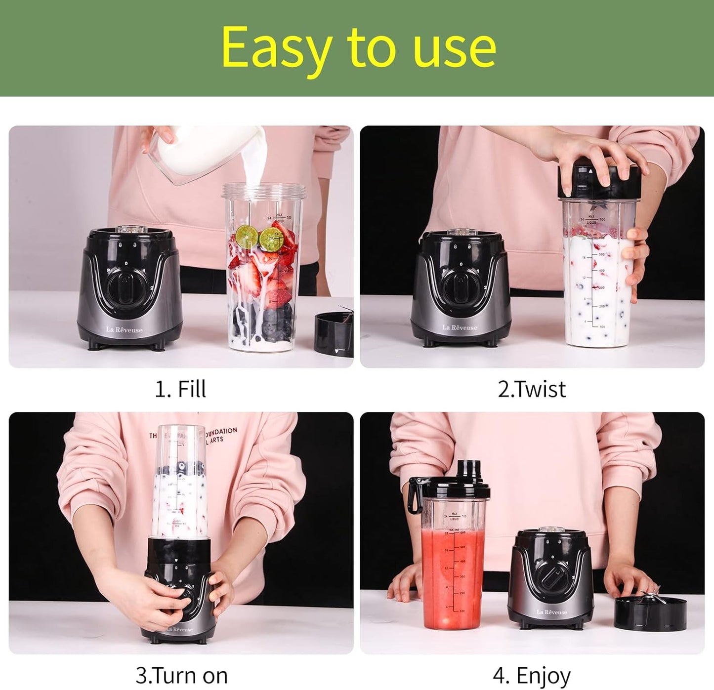 La Reveuse Personal Size Smoothies Blender 300 Watts with 24 oz BPA Free Portable Travel Sports Bottle (Grey)