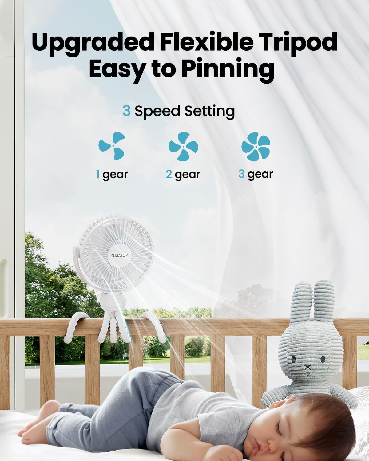 Gaiatop Mini Portable Pram Fan, Rechargeable Small Clip on Fan for Stroller, Detachable 3 Speed 360 Degree Rotate Flexible Tripod Handheld Desk Cooling Car Seat Crib Treadmill Travel Black