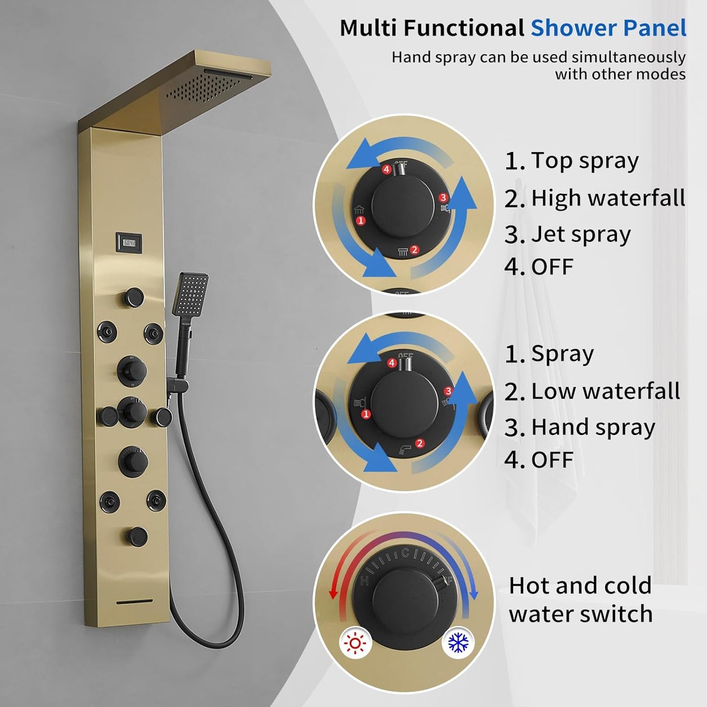 Bathfinesse Shower Tower Bathroom Shower Panel System Rain Massage System 6 in 1 Body Spray Jets Shower Wall Panels Rainfall Waterfall Shower Head Tub Spout with Temperature Display,Matte Black