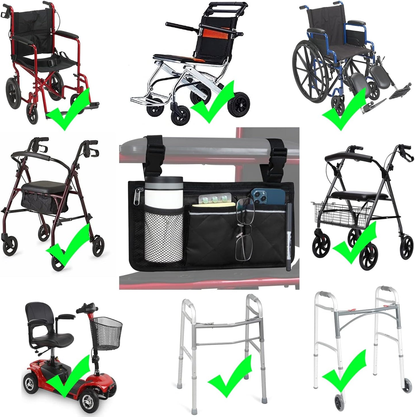 Wheelchair Side Bag, Wheelchair Armrest Storage Pouch with Cup Holder and Reflective Strip for Wheelchairs, Walkers or Rollators (Black)