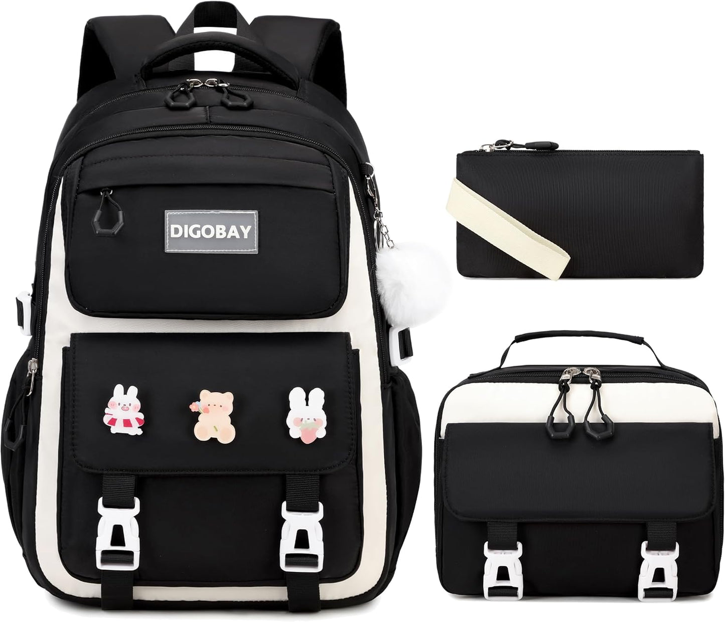 DIGOBAY Girls Backpack, School Backpack for Girls with Lunch Box Pencil Case Set for Teen Kids Girl Elementary Primary Middle High College School Bookbag with Cute Pins Pink