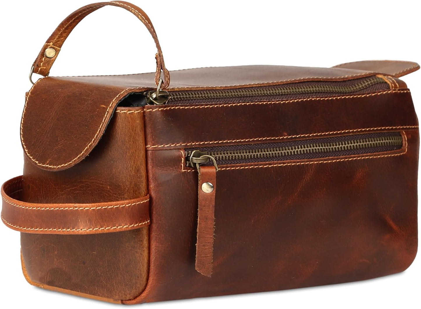 Premium Buffalo Leather Unisex Toiletry Bag Travel Dopp Kit Shaving kit (Distressed Tan)