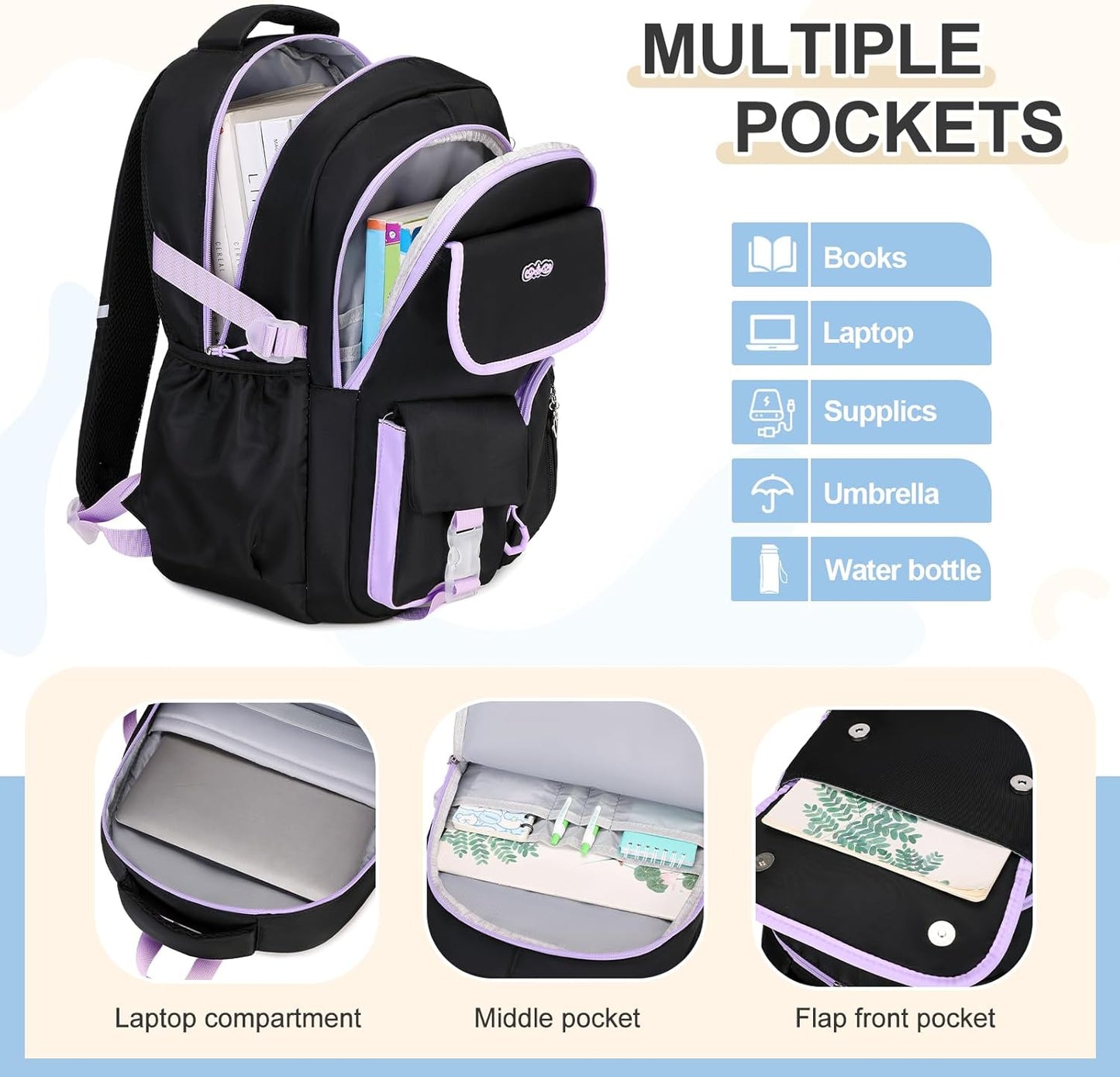 3PCS School Backpack for Girls with Lunch Box Pencil Pouch for Teen Girls Children Elementary Primary Middle High College Daypack School bag Bookbag Set Pink