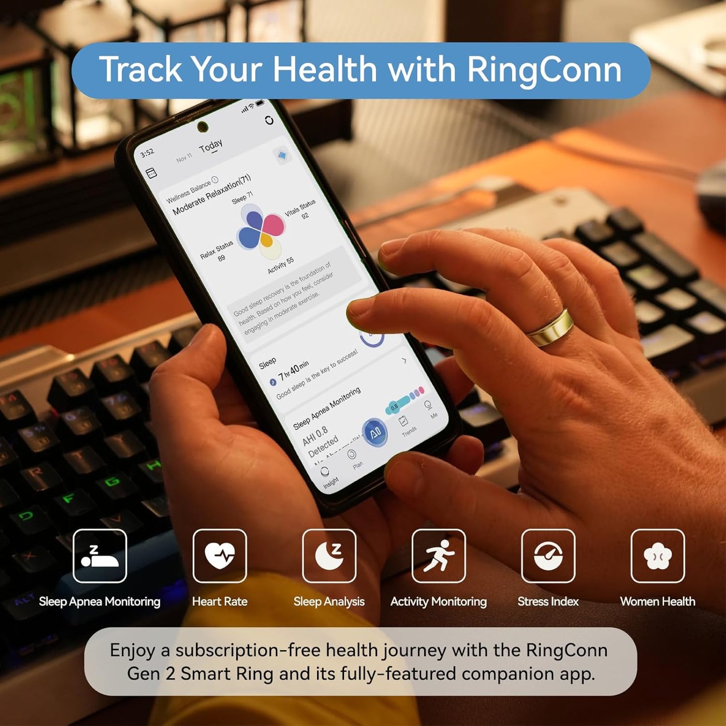 RingConn Gen 2 Smart Ring, No App Subscription, Size First with Sizing Kit, 12-Day Battery Life, Stress/Women's Health Tracker, Compatible with Android & iOS (Black, Size 8)