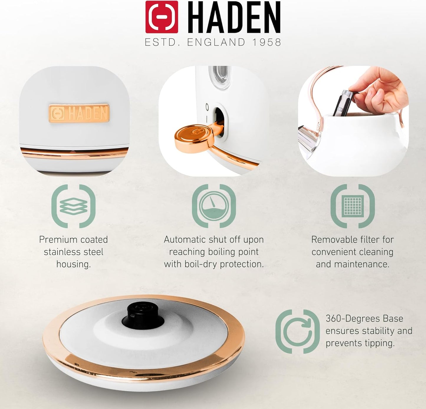 Haden 75041 Heritage 1.7 Liter (7 Cup) Stainless Steel Electric Kettle with Auto Shut-Off and Boil Dry Protection, Black/Copper