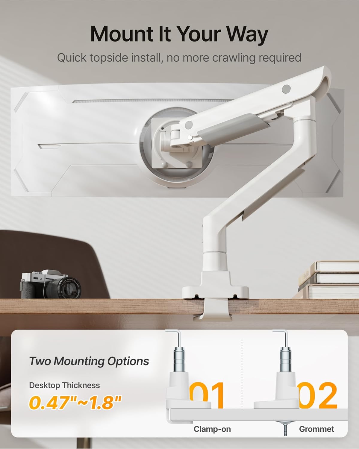 monTEK Premium Aluminum Monitor Arm for 17–57” Ultrawide Screens up to 59 lbs, USB 3.0 Single Desk Mount with Adjustable Gas Spring, Quick-Release Plate, 10-Min Assembly, Clamp/Grommet, VESA 100x100