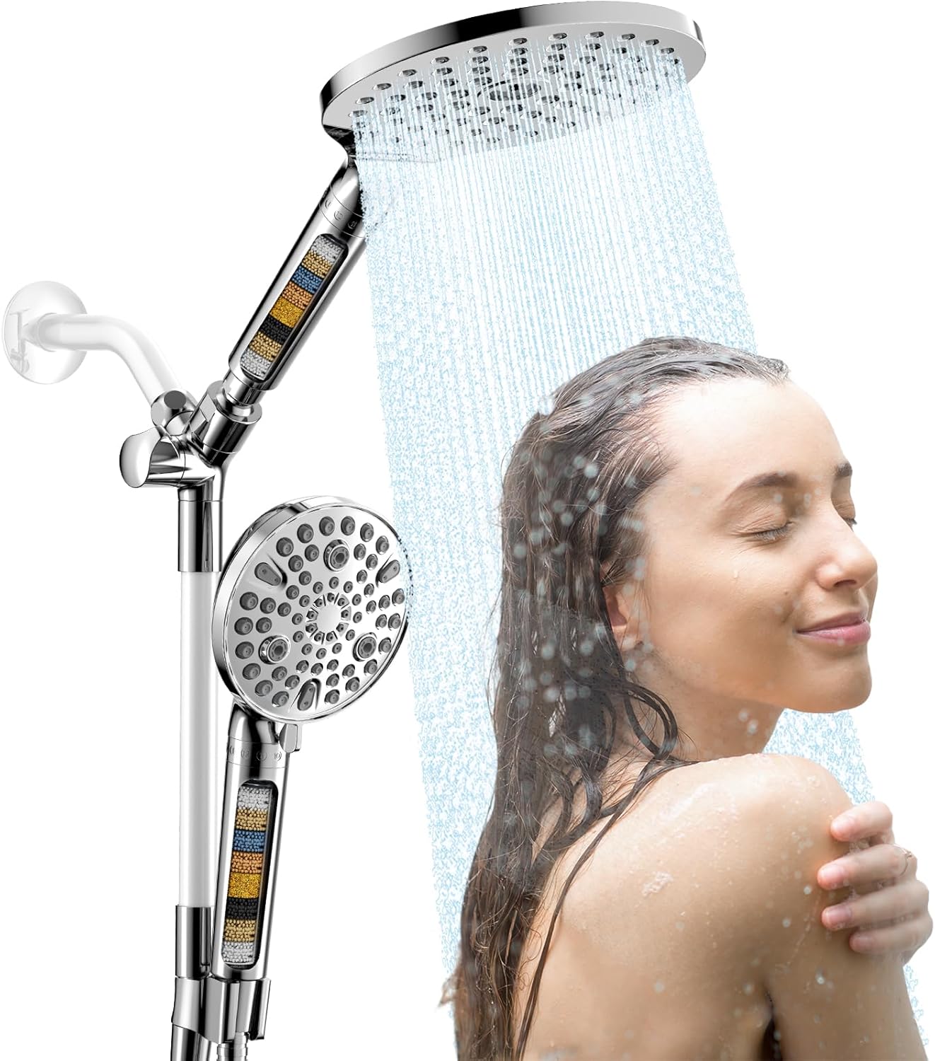 JONKEAN 7.5" Big Filtered Double Shower Head for Hard Water, Dual Shower Heads with Handheld Spray Combo, 9 Modes Waterfall Rain Shower Head High Pressure with Long Hose & Adjustable Bar(Matte Black)