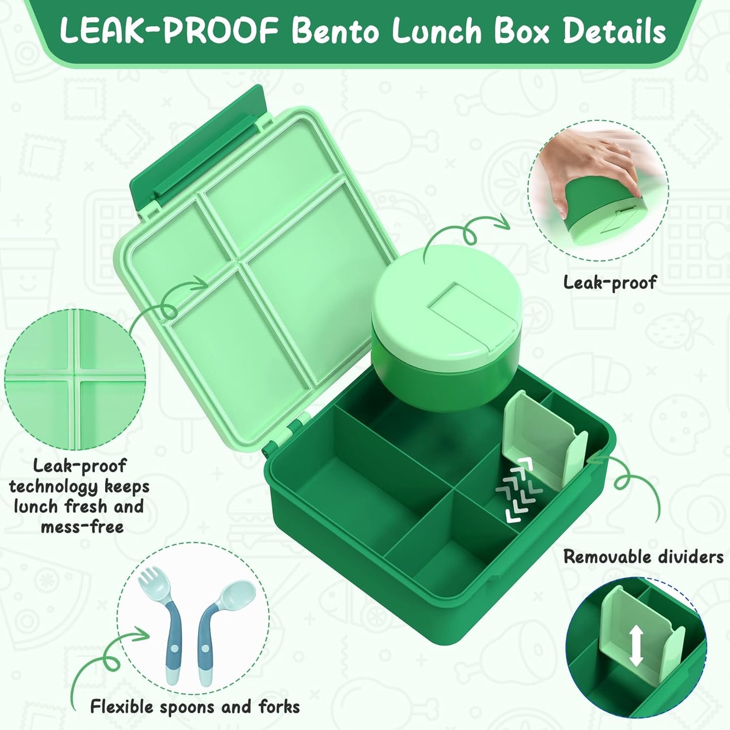 Bento Lunch Box for Kid with 7oz Soup Jar, Leak-Proof Lunch Box with Cutlery, 4-Compartments Lunch Container for School Outdoors Office