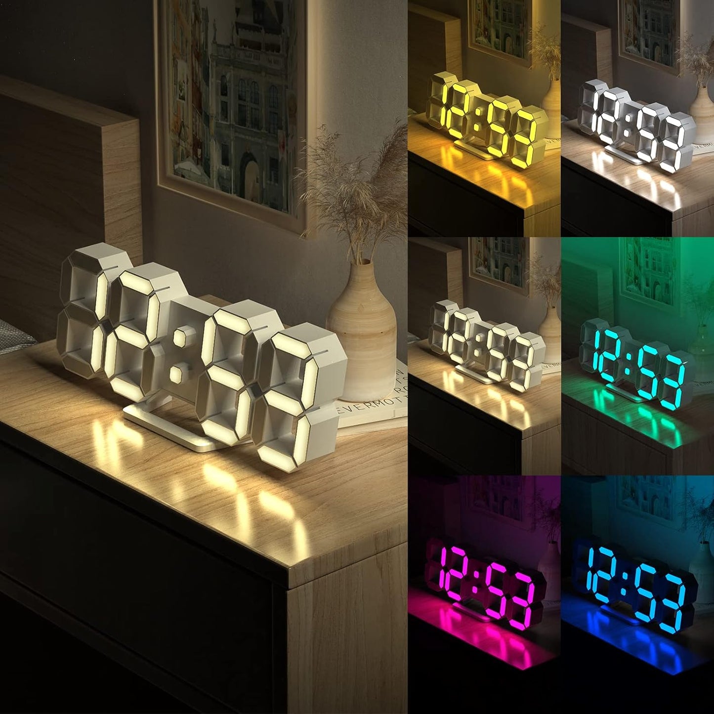 EDUP HOME 3D LED Wall Clock Desk Alarm Clock 7 Colors 9.7" with Remote Control, Digital Alarm Clock Adjustable Brightness Timer 12/24 Hr Time/Date/Temperature for Kid Bedroom/Kitchen/Office