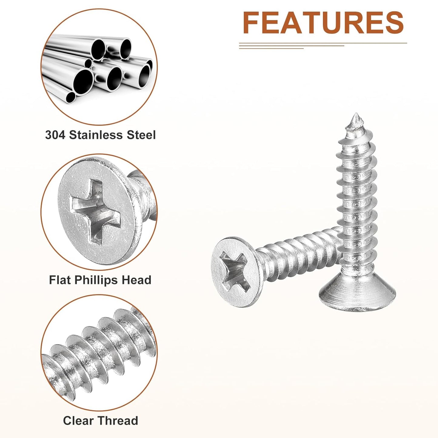 DTGN 100Pcs #6x1/2 Flat Head Wood Screws, 304 Stainless Steel Phillips Self Tapping Screws - Good for Woodworking, Furniture - Silver