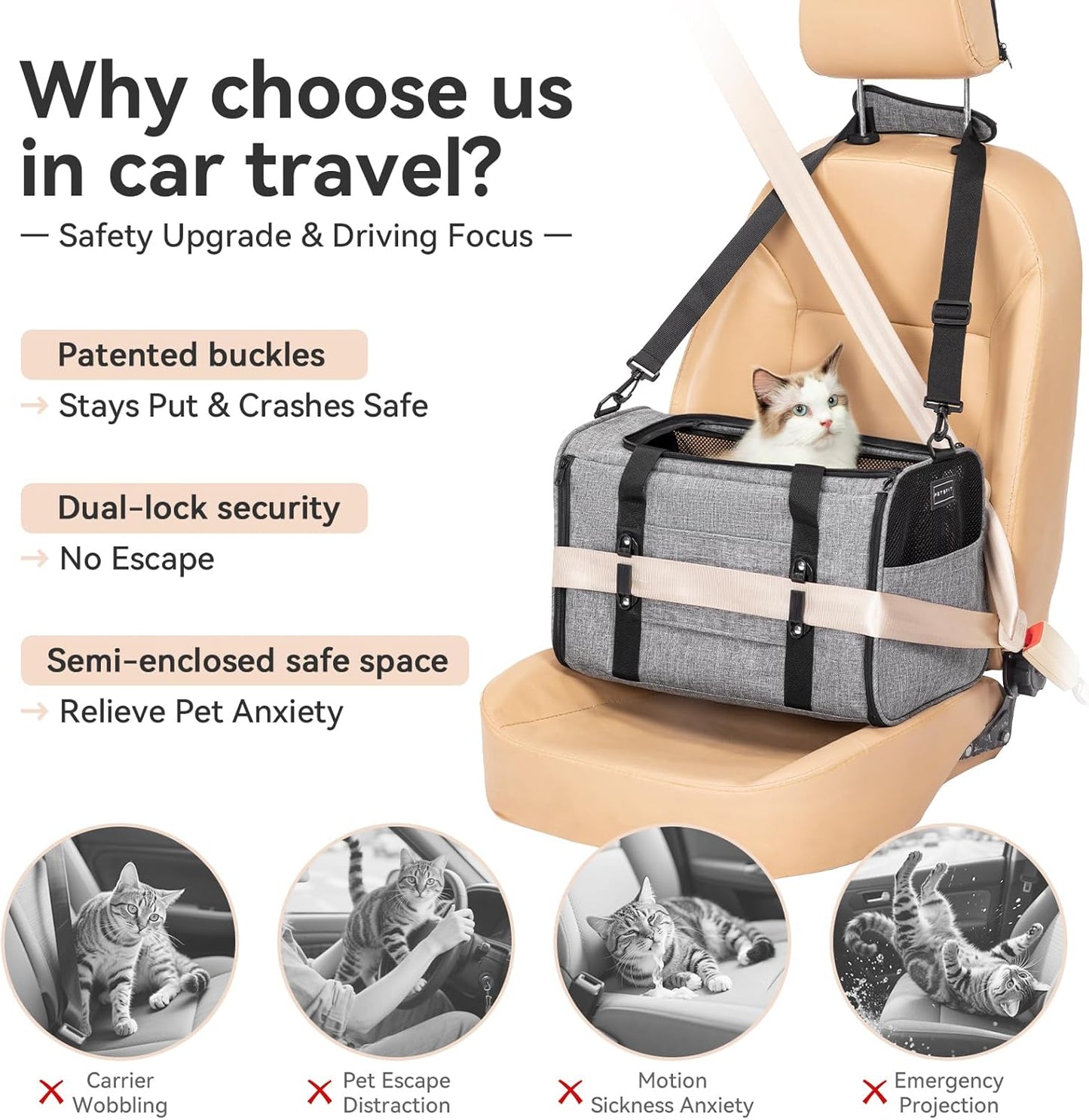 Petsfit Pet Carrier Airline Approved, Soft-Sided Cat Carrier with Patented Car Buckle, Lightweight and Collapsible with Adjustable Shoulder Strap, Soft Cushion,Green