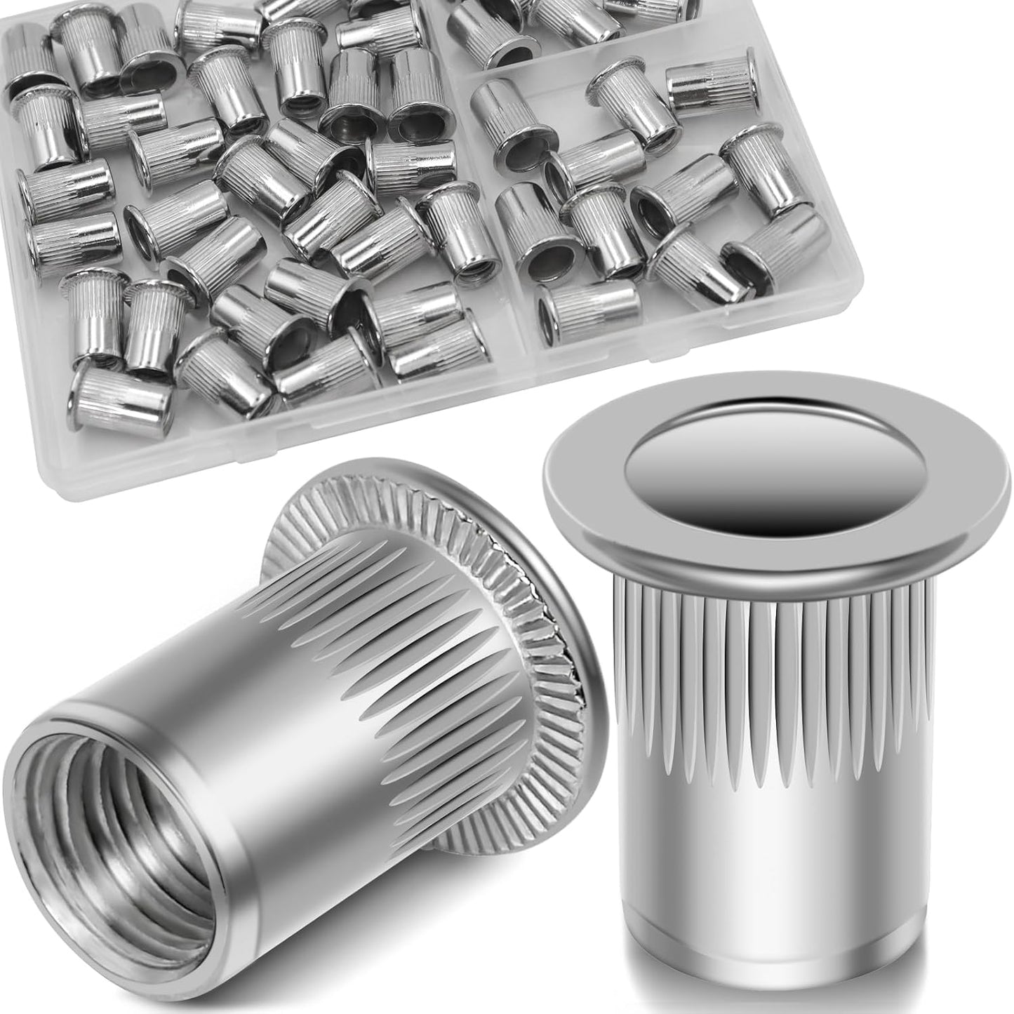 Vifmy Metric & SAE Rivet Nut Assortment Kit(420 Pcs),m3 m4 m5 m6 m8 m10 m12#6-32#8-32#10-24 1/4"-20 5/16"-18 3/8"-16 UNC Flat Head Rivnut Set,Zinc Plated Finish Carbon Steel Nutsert