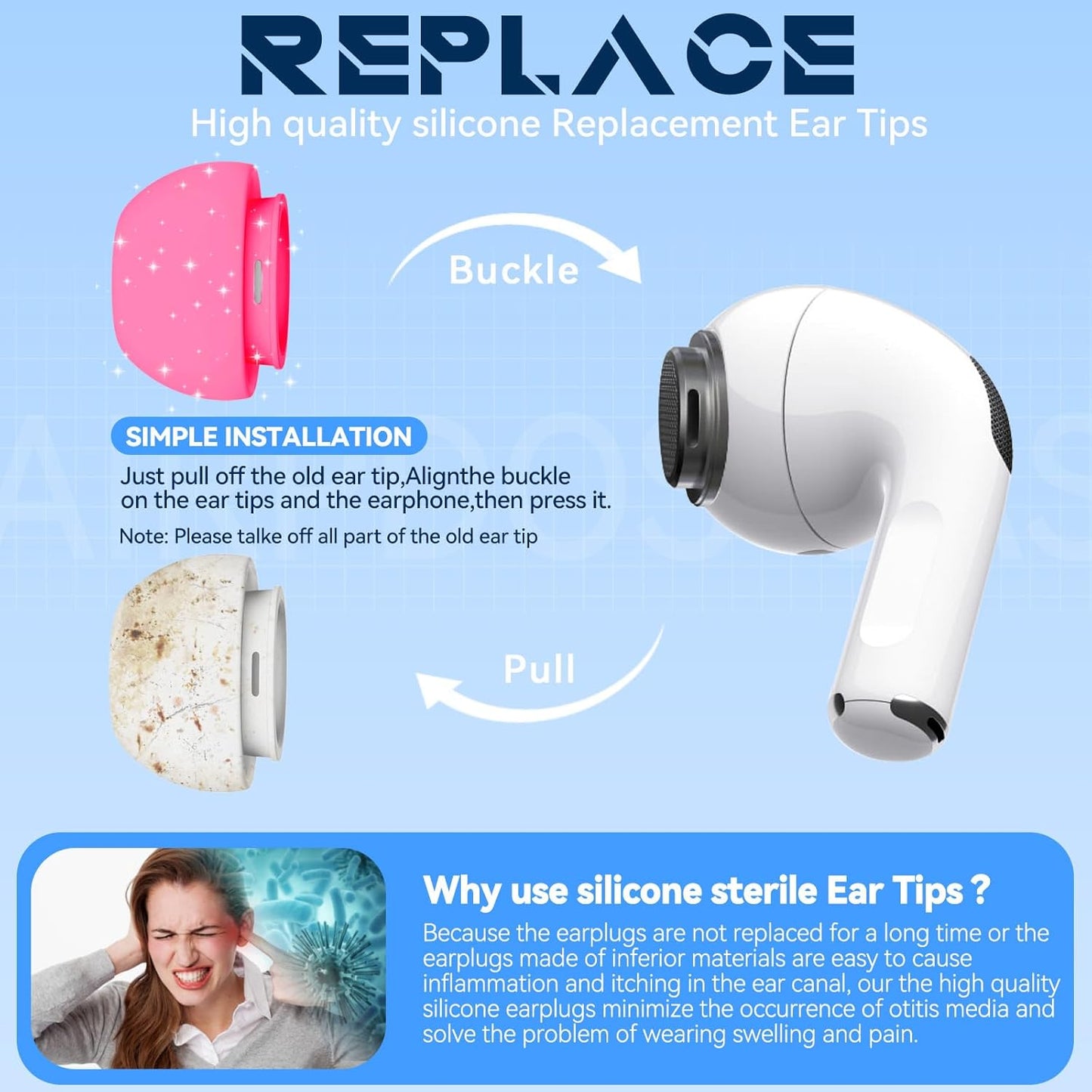 4 Pairs Replacement Ear Tips for AirPods Pro 2nd/1st Generation with Portable Storage Box & Cleaner Pen,Noise Reduction Holewith & Built-in dust Guard Screen,Silicone Ear Tips for AirPods Pro (White)
