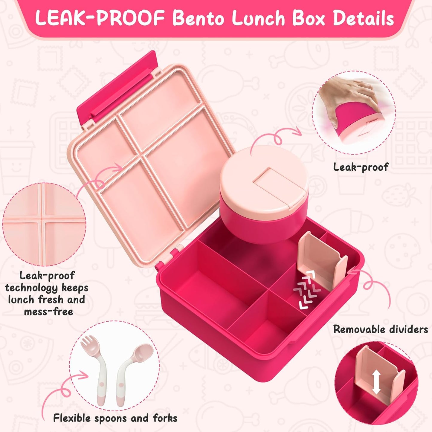 Bento Lunch Box for Kid with 7oz Soup Jar, Leak-Proof Lunch Box with Cutlery, 4-Compartments Lunch Container for School Outdoors Office