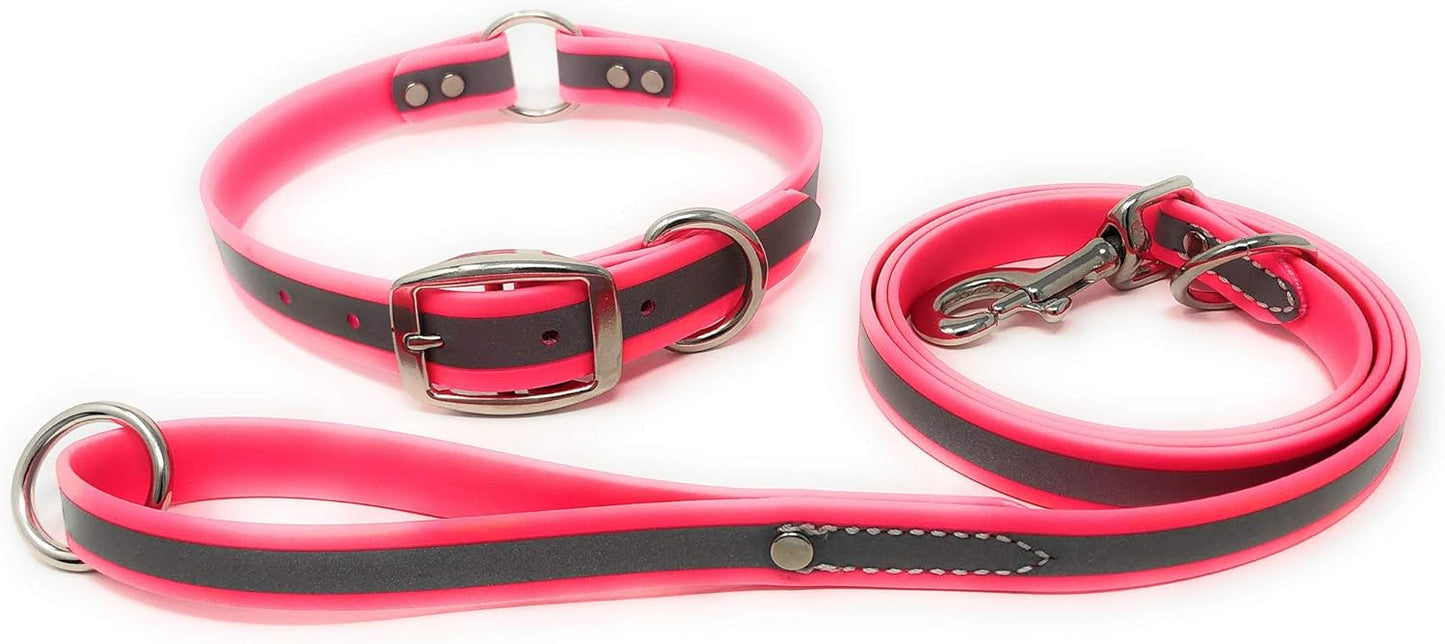 Regal Dog Products Large Pink Heavy Duty Reflective Dog Collar with Center Ring, Metal Buckle and D Ring | Anti-Odor Adjustable Biothane Waterproof Dog Collar | Other Sizes for Small & Medium Dogs