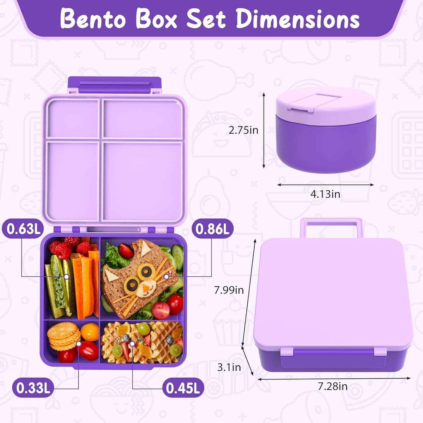 Bento Lunch Box for Kid with 7oz Soup Jar, Leak-Proof Lunch Box with Cutlery, 4-Compartments Lunch Container for School Outdoors Office