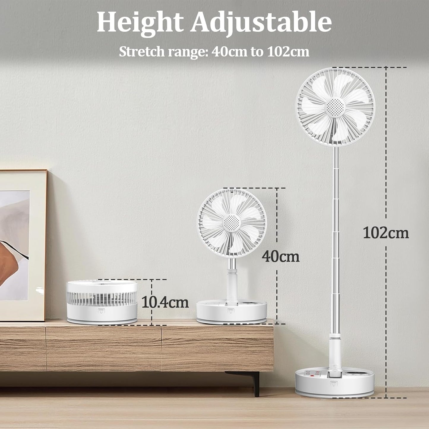 HHT Foldable Portable Standing Fan with Remote, 8" Rechargeable Floor Fan, 120° Quiet Oscillating Fan, 4 Speeds, LED Light, Timer, 7200mAh Battery, Adjustable Height Table Fan for Home Travel