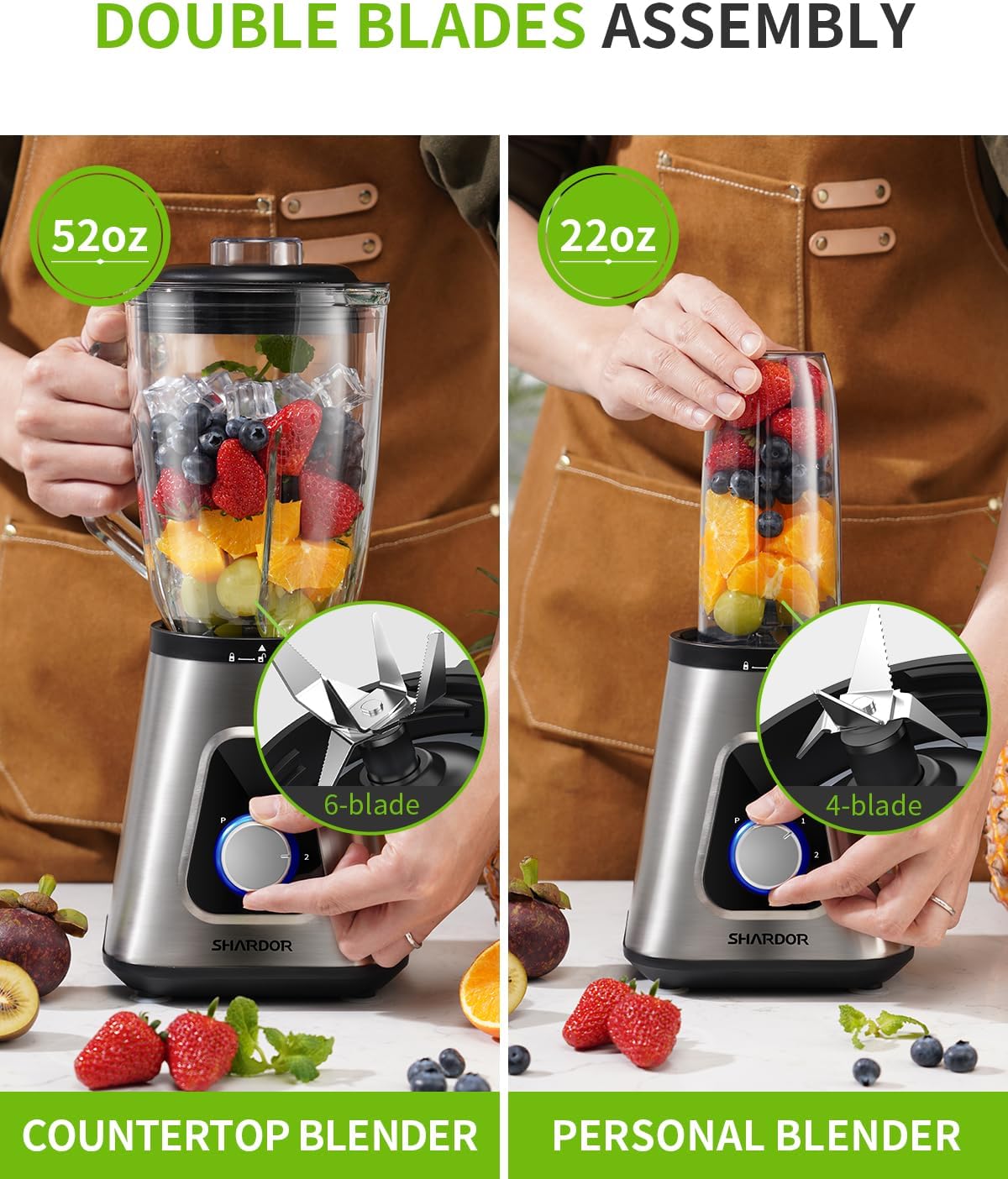 SHARDOR 1200W Blender for Smoothies, Countertop Blender Combo, 52oz Glass Jar, 22oz Travel Cup, 3 Adjustable Speed for Frozen Fruit Drinks, Smoothies, Sauces, Shakes, Silver