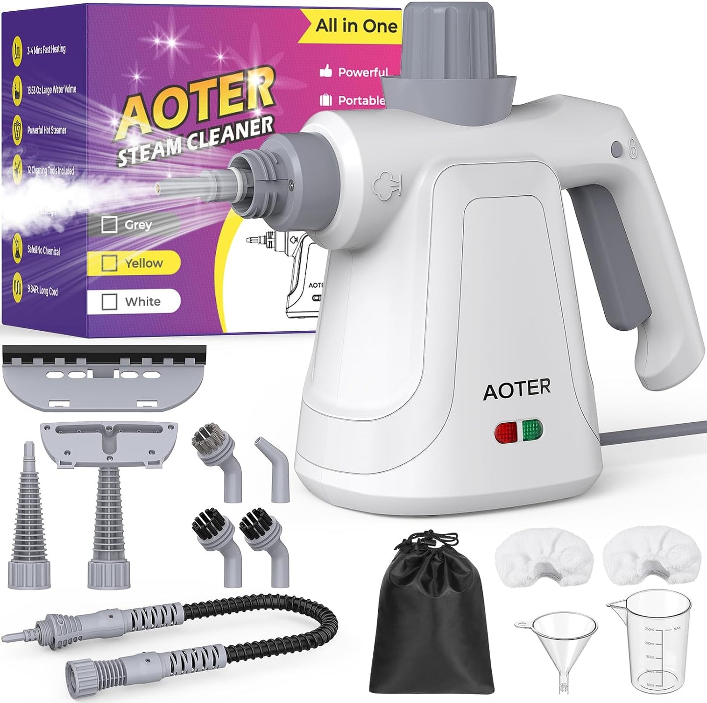AOTER Pressurized Handheld Steam Cleaner, Portable Steam Cleaner Multipurpose for Home, Multi-Surface Steam Cleaner for Tile, Grout, Windows, Bathroom, Kitchen, Car Cleaning, with 12pcs Accessories