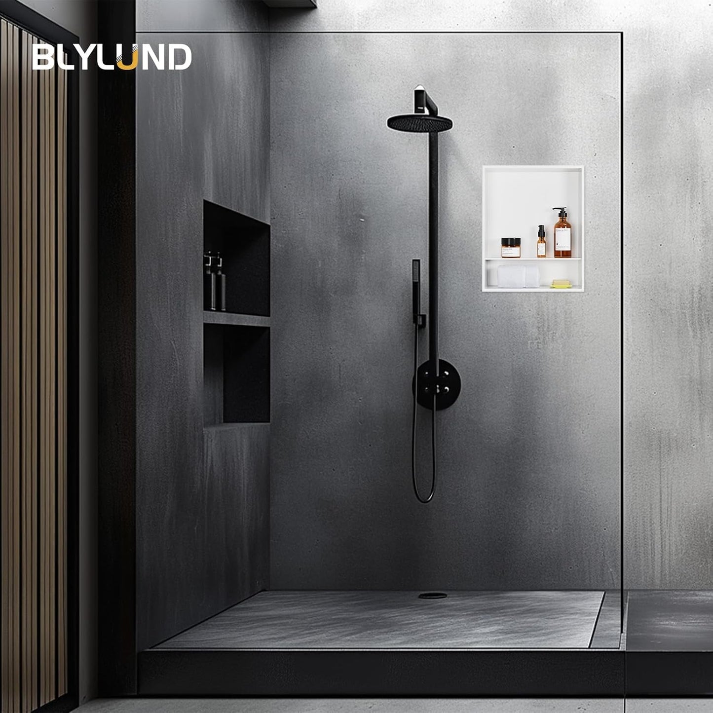 BLYLUND Shower Niche 12" x 24" NO Tile Needed,Matte Black Double Shelf Organizer, Square Corners Wall-Inserted Niche Recessed Shower Shelf Modern Soap Niche for Bathroom